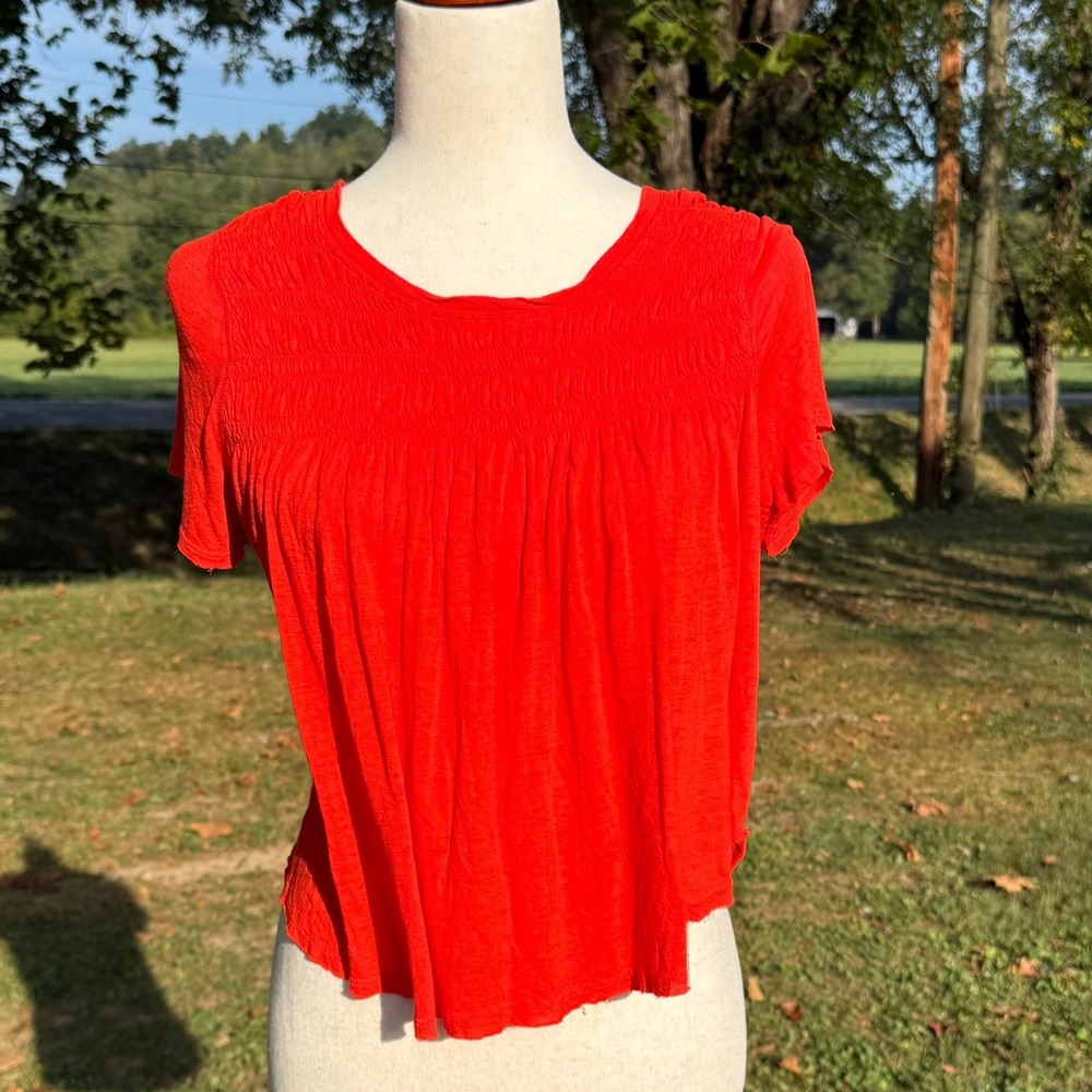 Free People Orange Smocked Babydoll Top XS Rayon Linen Blend Short Sleeve Boho